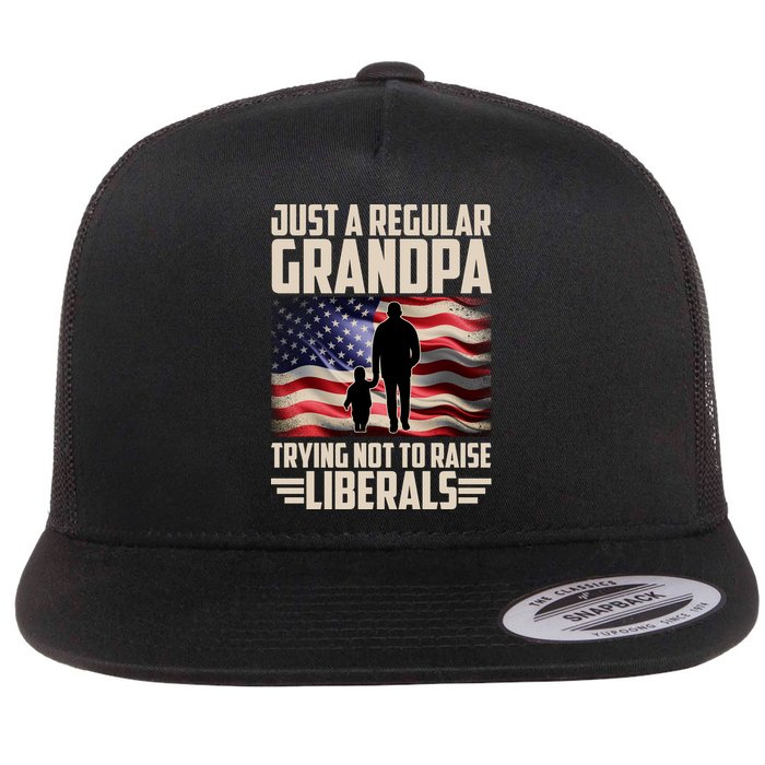 Just A Regular Grandpa Trying Not To Raise Liberals USA American Flag Flatbill Hat