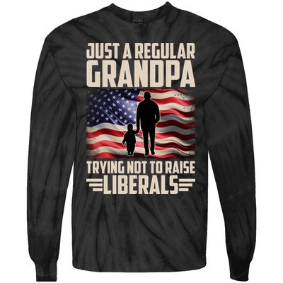Just A Regular Grandpa Trying Not To Raise Liberals USA American Flag Tie-Dye Long Sleeve Shirt