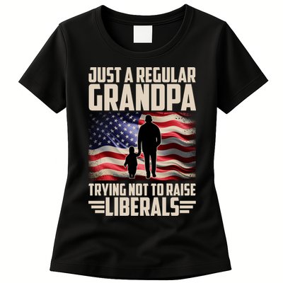 Just A Regular Grandpa Trying Not To Raise Liberals USA American Flag Womens T-Shirt