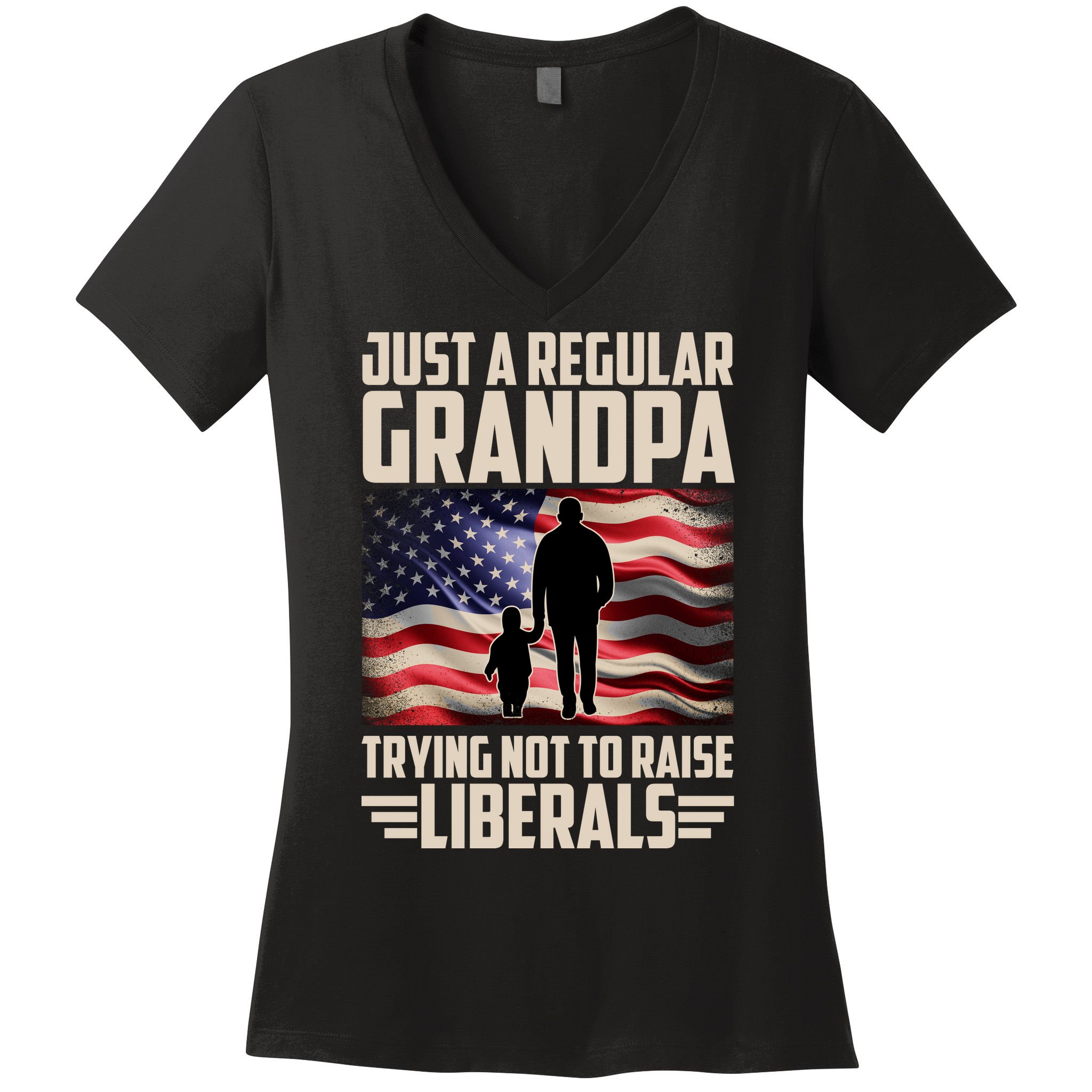Just A Regular Grandpa Trying Not To Raise Liberals USA American Flag Women's V-Neck T-Shirt