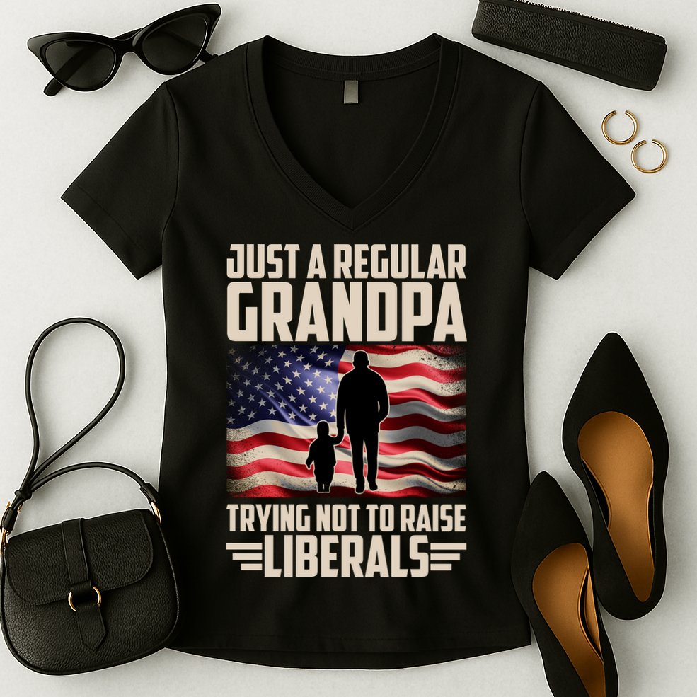 Just A Regular Grandpa Trying Not To Raise Liberals USA American Flag Women's V-Neck T-Shirt
