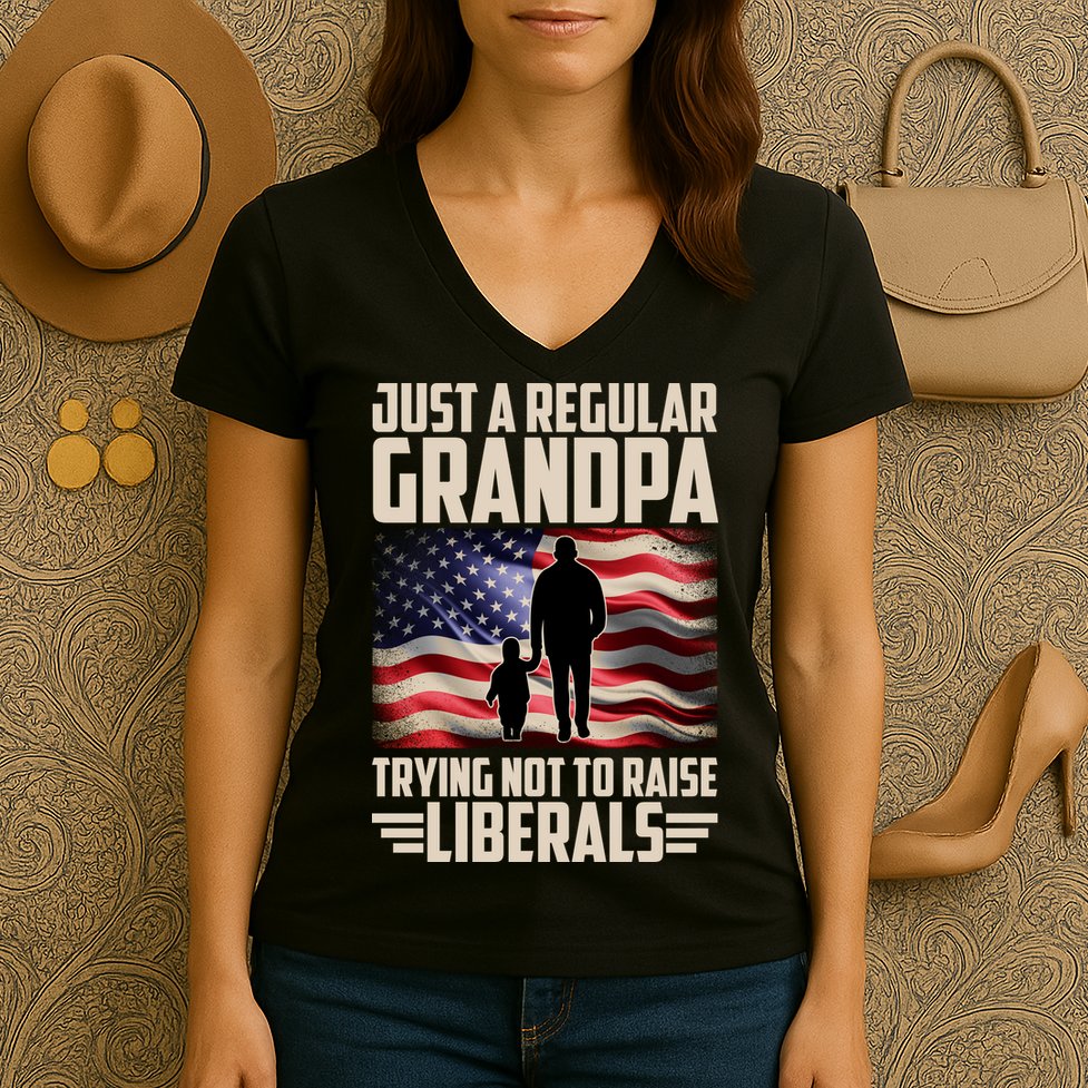 Just A Regular Grandpa Trying Not To Raise Liberals USA American Flag Women's V-Neck T-Shirt