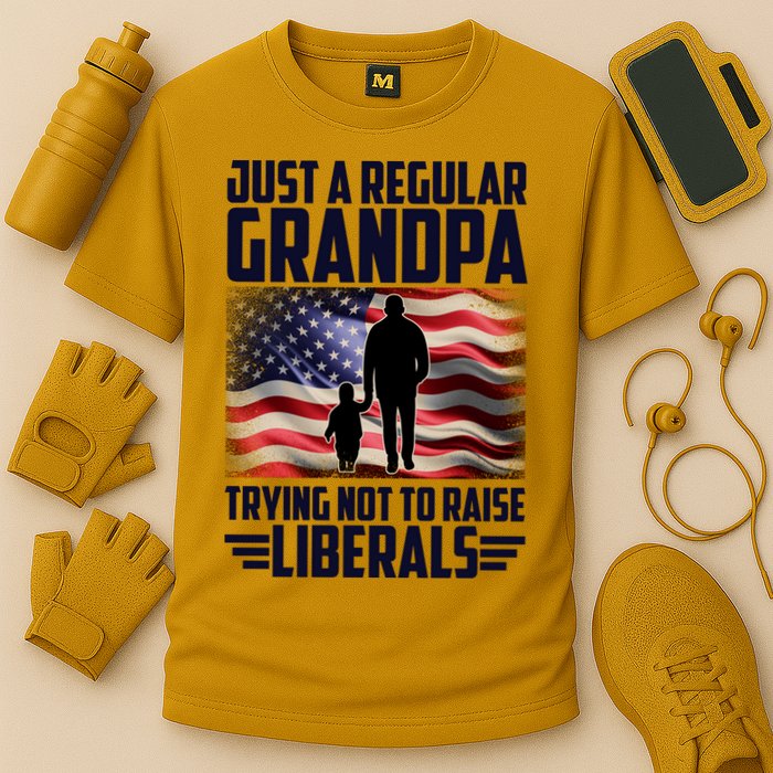 Just A Regular Grandpa Trying Not To Raise Liberals USA American Flag Cooling Performance Crew T-Shirt