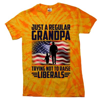 Just A Regular Grandpa Trying Not To Raise Liberals USA American Flag Tie-Dye T-Shirt