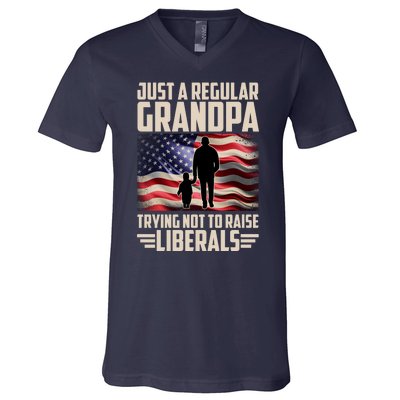 Just A Regular Grandpa Trying Not To Raise Liberals USA American Flag V-Neck T-Shirt