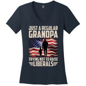 Just A Regular Grandpa Trying Not To Raise Liberals USA American Flag Women's V-Neck T-Shirt