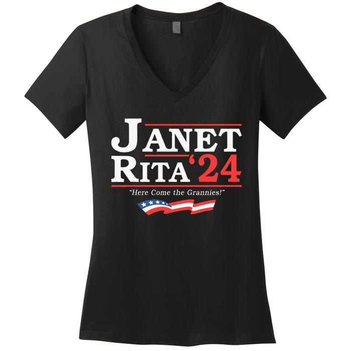 Janet And Rita 2024 Here Come The Grannies Women's V-Neck T-Shirt