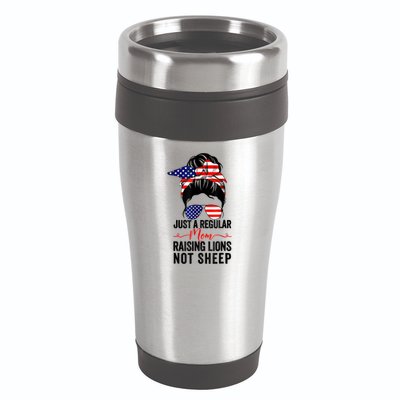 Just A Regular Mom Not Sheep Raising Lion Usa Flag Messy Bun 16oz Travel Tumbler