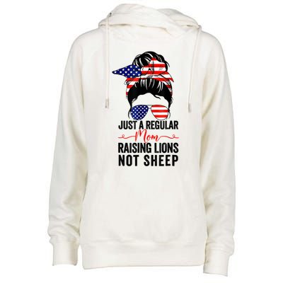Just A Regular Mom Not Sheep Raising Lion Usa Flag Messy Bun Womens Funnel Neck Pullover Hood