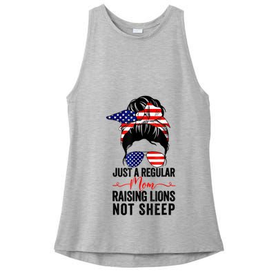 Just A Regular Mom Not Sheep Raising Lion Usa Flag Messy Bun Ladies PosiCharge Tri-Blend Wicking Tank