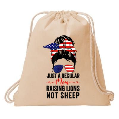 Just A Regular Mom Not Sheep Raising Lion Usa Flag Messy Bun Drawstring Bag
