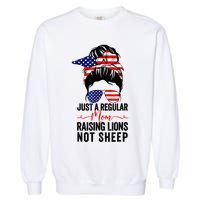 Just A Regular Mom Not Sheep Raising Lion Usa Flag Messy Bun Garment-Dyed Sweatshirt