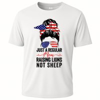 Just A Regular Mom Not Sheep Raising Lion Usa Flag Messy Bun Cooling Performance Crew T-Shirt