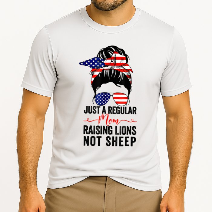 Just A Regular Mom Not Sheep Raising Lion Usa Flag Messy Bun Cooling Performance Crew T-Shirt