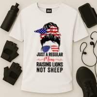 Just A Regular Mom Not Sheep Raising Lion Usa Flag Messy Bun Cooling Performance Crew T-Shirt