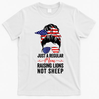 Just A Regular Mom Not Sheep Raising Lion Usa Flag Messy Bun T-Shirt