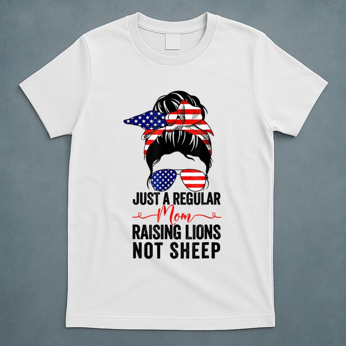Just A Regular Mom Not Sheep Raising Lion Usa Flag Messy Bun T-Shirt