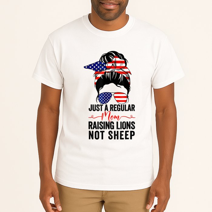 Just A Regular Mom Not Sheep Raising Lion Usa Flag Messy Bun Tall T-Shirt