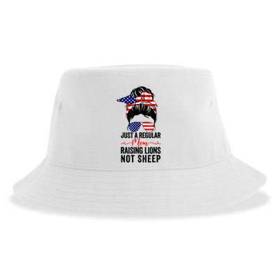 Just A Regular Mom Not Sheep Raising Lion Usa Flag Messy Bun Sustainable Bucket Hat