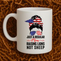Just A Regular Mom Not Sheep Raising Lion Usa Flag Messy Bun Mug