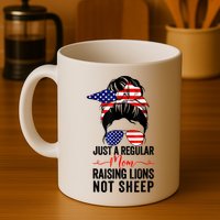 Just A Regular Mom Not Sheep Raising Lion Usa Flag Messy Bun Mug