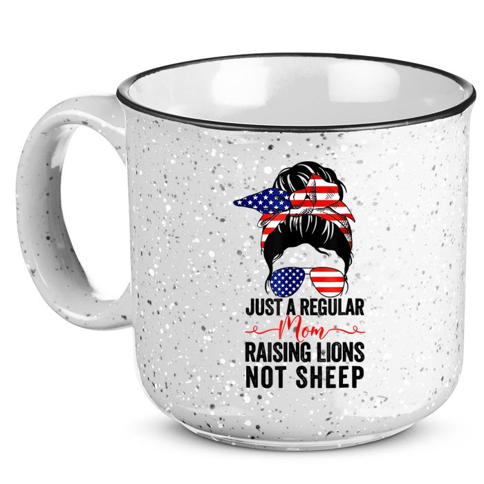 Just A Regular Mom Not Sheep Raising Lion Usa Flag Messy Bun 15oz Campfire Ceramic Mug