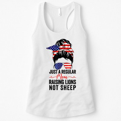 Just A Regular Mom Not Sheep Raising Lion Usa Flag Messy Bun Womens Tank Top