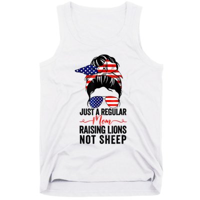 Just A Regular Mom Not Sheep Raising Lion Usa Flag Messy Bun Tank Top