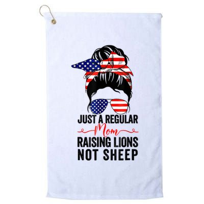 Just A Regular Mom Not Sheep Raising Lion Usa Flag Messy Bun Golf Towel