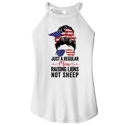 Just A Regular Mom Not Sheep Raising Lion Usa Flag Messy Bun Women's Perfect Tri Rocker Tank