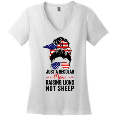 Just A Regular Mom Not Sheep Raising Lion Usa Flag Messy Bun Women's V-Neck T-Shirt