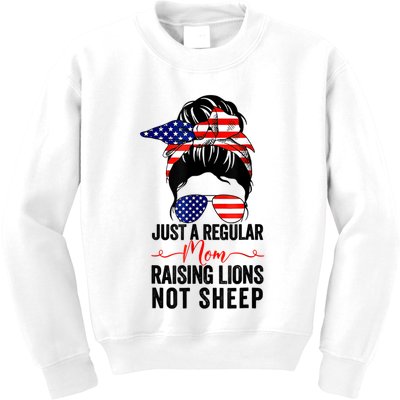 Just A Regular Mom Not Sheep Raising Lion Usa Flag Messy Bun Kids Sweatshirt