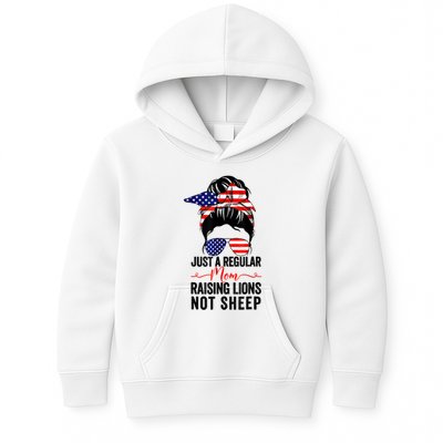 Just A Regular Mom Not Sheep Raising Lion Usa Flag Messy Bun Kids Hoodie