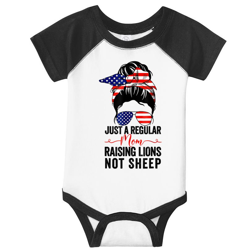 Just A Regular Mom Not Sheep Raising Lion Usa Flag Messy Bun Infant Baby Jersey Bodysuit