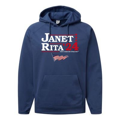 Janet And Rita 2024 Here Come The Grannies Usa Flag 4th July Performance Fleece Hoodie