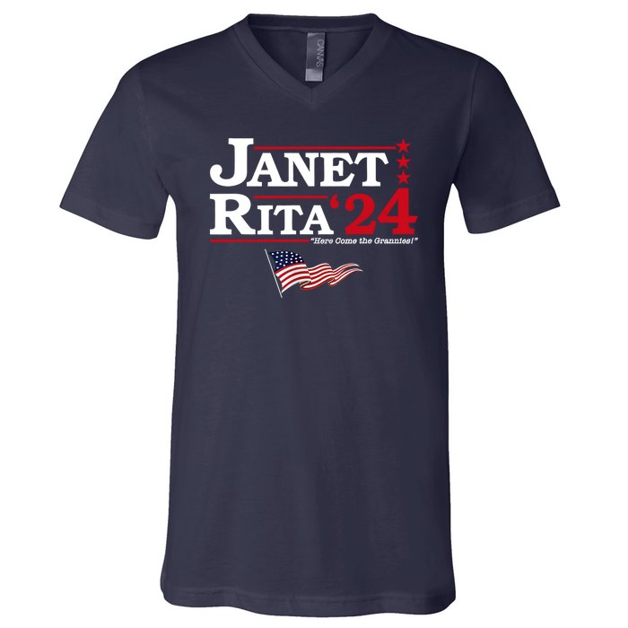 Janet And Rita 2024 Here Come The Grannies Usa Flag 4th July V-Neck T-Shirt