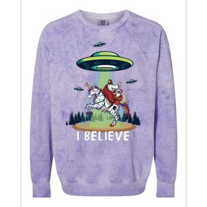 Jesus And Santa Riding On Unicorn Christmas Alien Ufo Believe Gift Colorblast Crewneck Sweatshirt