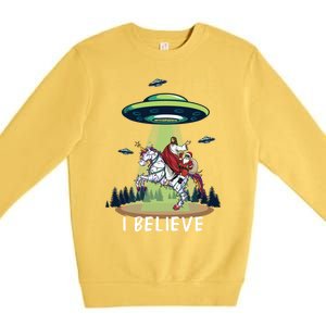 Jesus And Santa Riding On Unicorn Christmas Alien Ufo Believe Gift Premium Crewneck Sweatshirt