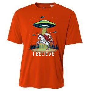 Jesus And Santa Riding On Unicorn Christmas Alien Ufo Believe Gift Cooling Performance Crew T-Shirt