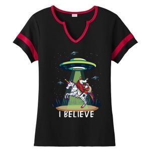 Jesus And Santa Riding On Unicorn Christmas Alien Ufo Believe Gift Ladies Halftime Notch Neck Tee