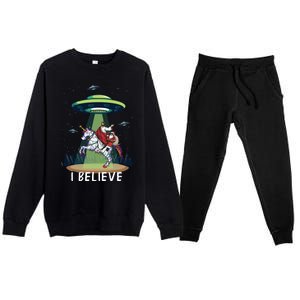 Jesus And Santa Riding On Unicorn Christmas Alien Ufo Believe Gift Premium Crewneck Sweatsuit Set