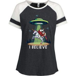 Jesus And Santa Riding On Unicorn Christmas Alien Ufo Believe Gift Enza Ladies Jersey Colorblock Tee