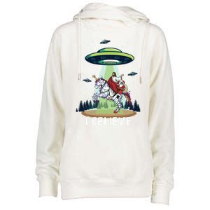 Jesus And Santa Riding On Unicorn Christmas Alien Ufo Believe Gift Womens Funnel Neck Pullover Hood