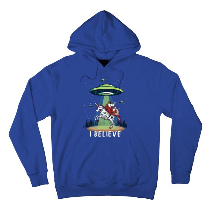 Jesus And Santa Riding On Unicorn Christmas Alien Ufo Believe Gift Hoodie