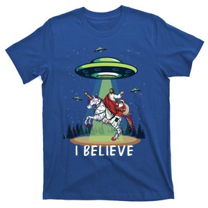 Jesus And Santa Riding On Unicorn Christmas Alien Ufo Believe Gift T-Shirt