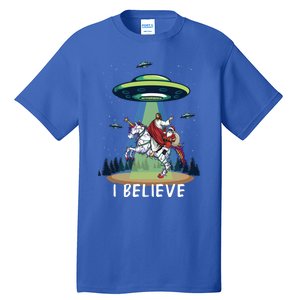 Jesus And Santa Riding On Unicorn Christmas Alien Ufo Believe Gift Tall T-Shirt