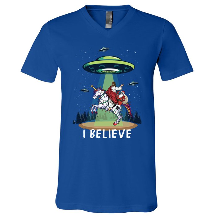 Jesus And Santa Riding On Unicorn Christmas Alien Ufo Believe Gift V-Neck T-Shirt