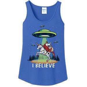 Jesus And Santa Riding On Unicorn Christmas Alien Ufo Believe Gift Ladies Essential Tank