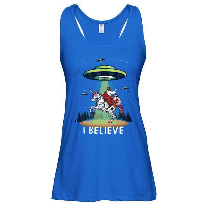 Jesus And Santa Riding On Unicorn Christmas Alien Ufo Believe Gift Ladies Essential Flowy Tank