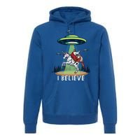 Jesus And Santa Riding On Unicorn Christmas Alien Ufo Believe Gift Premium Hoodie